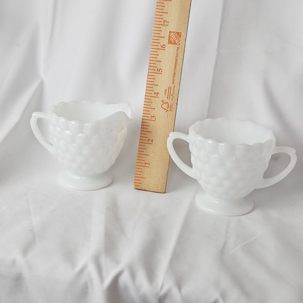 Vintage Anchor Hocking White Milk Glass Bubble Pattern Cream & Sugar Set